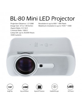 BL-80 Mini LED Projector 1000 Lumens 1080P Contrast Ratio 1000:1  HD AV TV Port -EU Plug
