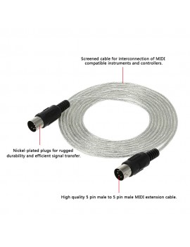 3m / 10ft MIDI Extension Cable 5 Pin Plug Male to Male Connector Silver for MIDI devices